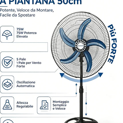Grande Sconto Ventilatore a piantana leggero, montaggio semplice e veloce, vento molto potente, modello 50cm 75W con 5 pale blu, altezza regolabile e oscillazione automatica, spedizione gratuita in tutta Italia