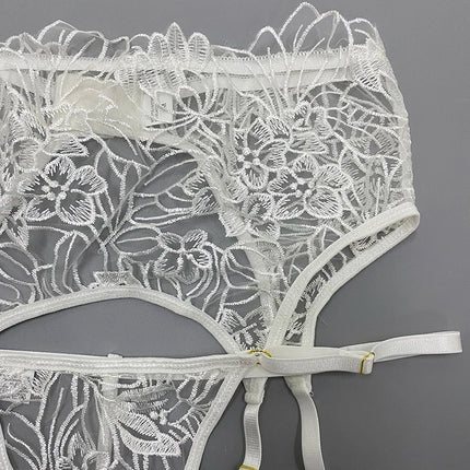 Floral Embroidery Erotic Lingerie Woman Sexy Underwear Brief Set with Garters Transparent Underwire Erotic Brief Sets Intimate