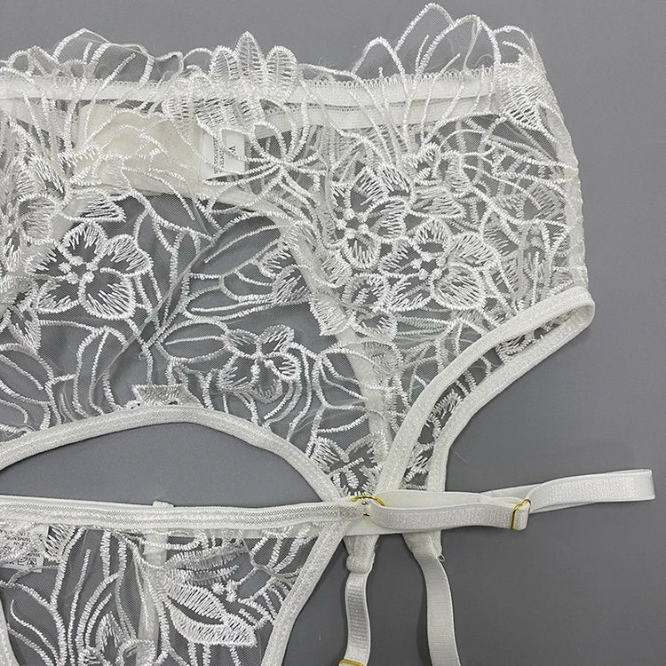 Floral Embroidery Erotic Lingerie Woman Sexy Underwear Brief Set with Garters Transparent Underwire Erotic Brief Sets Intimate