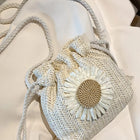 Borsa a secchiello con coulisse in paglia intrecciata leggera, con motivo girasole, ideale per vacanze al mare, per ragazza.