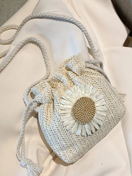 Sac seau léger avec cordon de serrage en paille tressée, à motif tournesol, idéal pour les vacances à la mer, pour jeune fille.