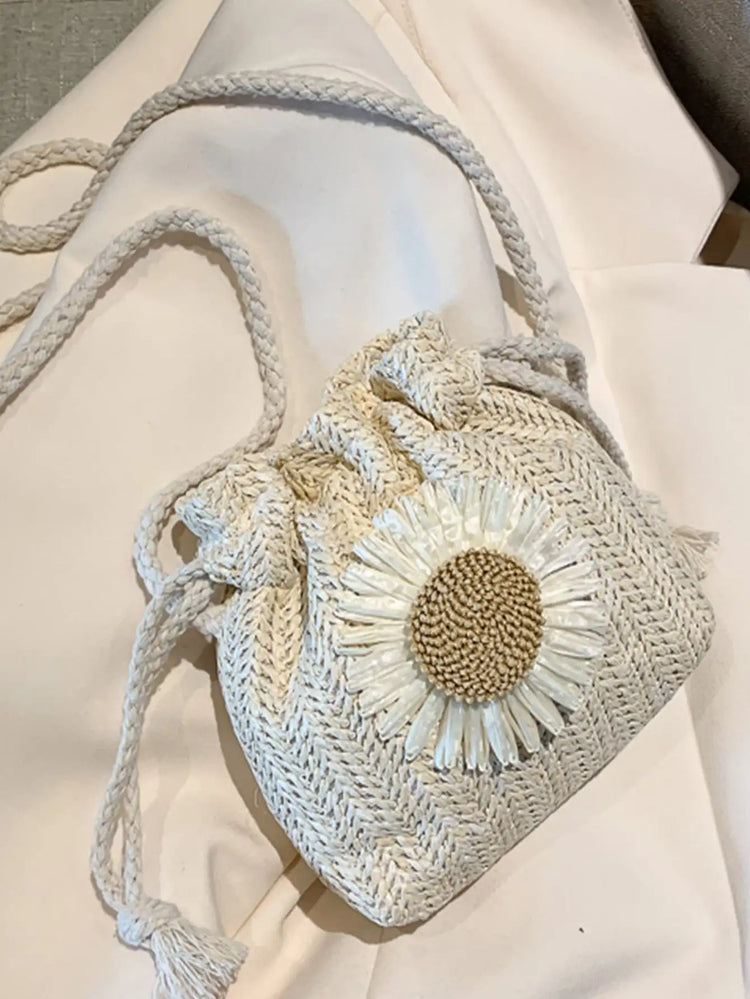 Borsa a secchiello con coulisse in paglia intrecciata leggera, con motivo girasole, ideale per vacanze al mare, per ragazza.