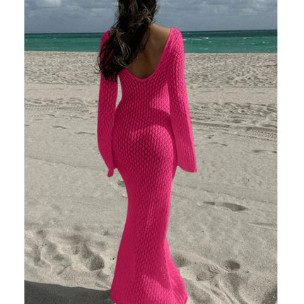 Nuovo stile lavorato a maglia scava fuori scollo a V abito a maniche lunghe da donna vacanza al mare bikini senza schienale copricostume protezione solare abito lungo platinumshop