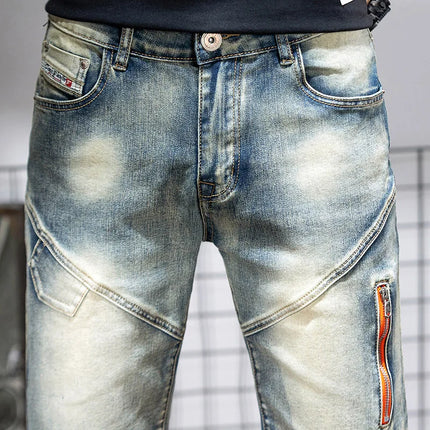 Pantaloncini di jeans da uomo estivi Retro moto cotone elastico moda jeans corti al ginocchio cerniera Hip Hop Rock Streetwear