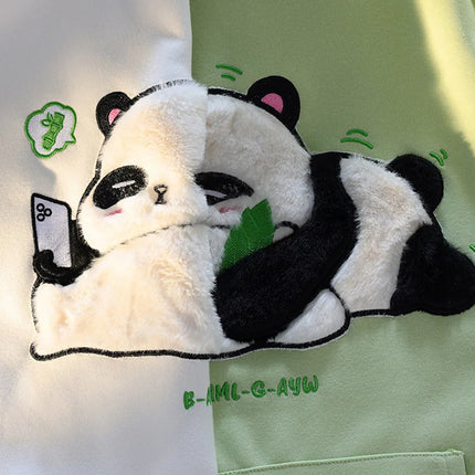 Winter Thicken Hoodies Chinese Flocking Embroidery Kawaii Cartoon Panda Hooded Sweatshirt Couple Matching Cute Fleece Pullovers