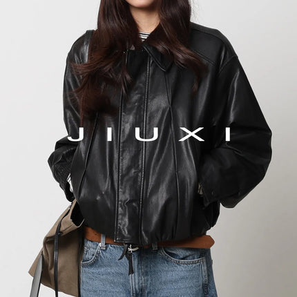 Soft Sheepskin Genuine Leather Cropped Jacket Women Lapel Zip Up Snap Button Side Pockets Casual Autumn Real Leather Outerwear