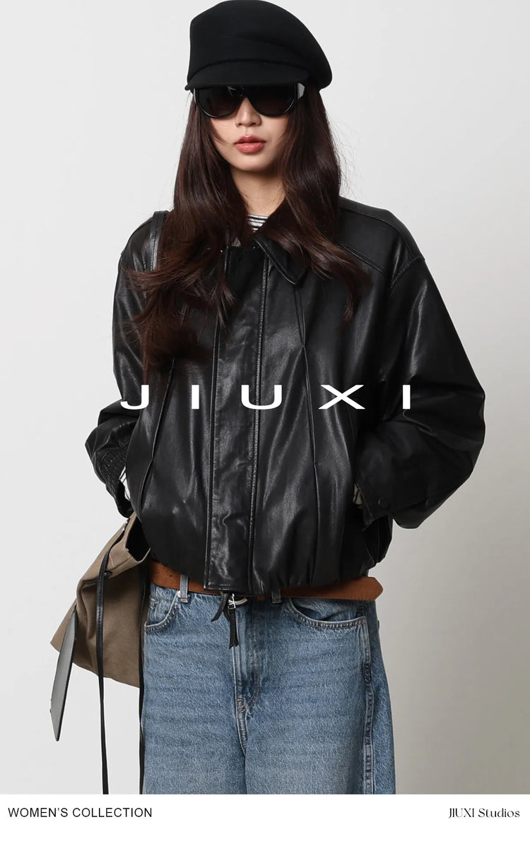 Soft Sheepskin Genuine Leather Cropped Jacket Women Lapel Zip Up Snap Button Side Pockets Casual Autumn Real Leather Outerwear