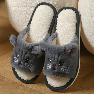 Cute Cat Plush Flip Flops For Women Men Warm Fuzzy Thong Slippers Cartoon Animal Indoor House Slippers Soft Thick EVA Sandals