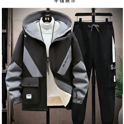 Winter Tracksuit Men Warm Sports Printed Thick Suit Mens Casual Hooded jacket+Pants Sweatsuit Male 2 Piece Sportswear