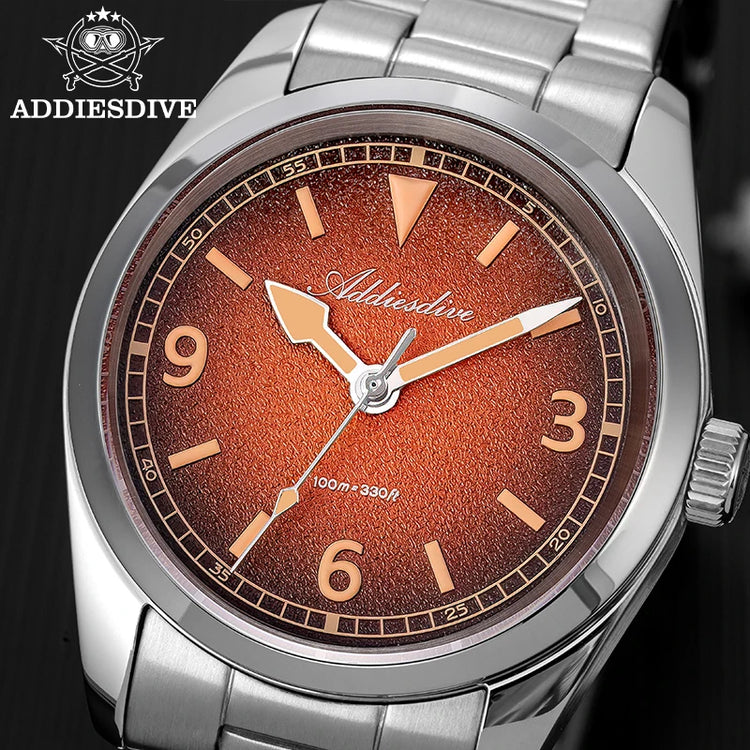 ADDIESDIVE New 36Mm Men's Quartz Watch Retro Dial Sapphire Glass 100M Waterproof Stainless Steel Night Light Retro Quartz Watch