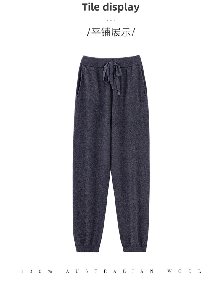 2024 Autumn And Winter New 100% Pure Wool Flat Small Foot Pants Women Loose High Waist Lean Knitted Cashmere Bunched Foot Pants PlatiNum