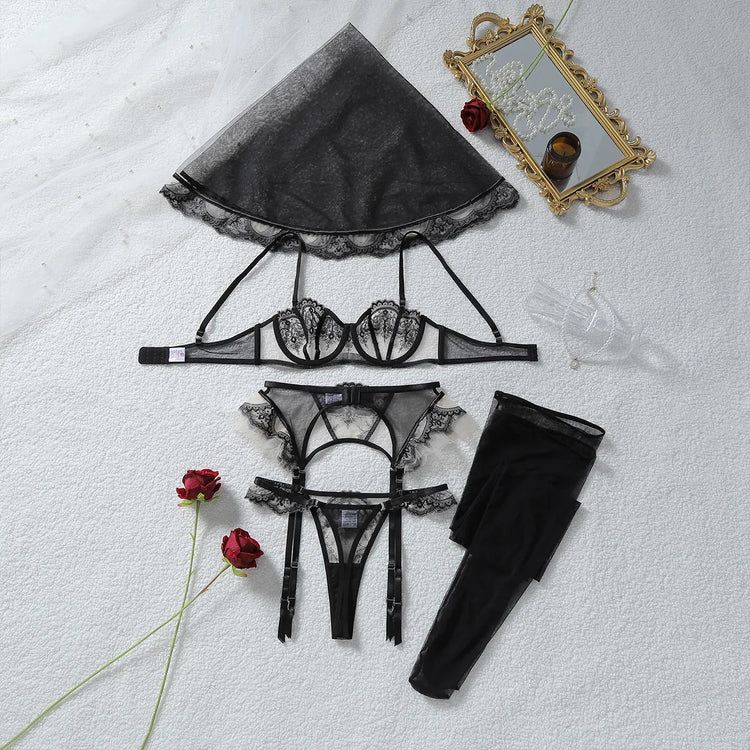 Tornova Erotic Underwear Fashionable See-through Veil with Floral Embroidery Slim-fitting Sexy Hot Underwear Split Five-pieceset