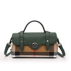Borsa Mini Boston a Righe e Quadri in Tessuto con Finiture in Ecopelle, Chiusura a Giro e Torsione, Design con Patta, Borsa a Mano da Donna, a Tracolla, Portamonete