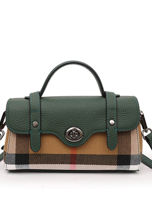 Borsa Mini Boston a Righe e Quadri in Tessuto con Finiture in Ecopelle, Chiusura a Giro e Torsione, Design con Patta, Borsa a Mano da Donna, a Tracolla, Portamonete