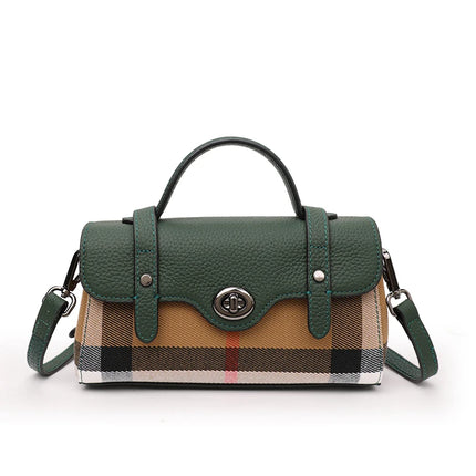 Borsa Mini Boston a Righe e Quadri in Tessuto con Finiture in Ecopelle, Chiusura a Giro e Torsione, Design con Patta, Borsa a Mano da Donna, a Tracolla, Portamonete