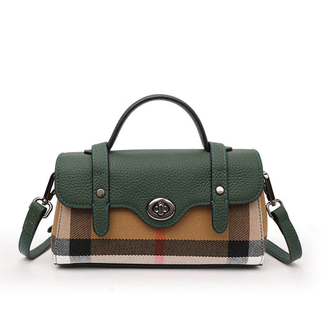 Borsa Mini Boston a Righe e Quadri in Tessuto con Finiture in Ecopelle, Chiusura a Giro e Torsione, Design con Patta, Borsa a Mano da Donna, a Tracolla, Portamonete