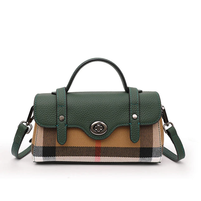 Borsa Mini Boston a Righe e Quadri in Tessuto con Finiture in Ecopelle, Chiusura a Giro e Torsione, Design con Patta, Borsa a Mano da Donna, a Tracolla, Portamonete