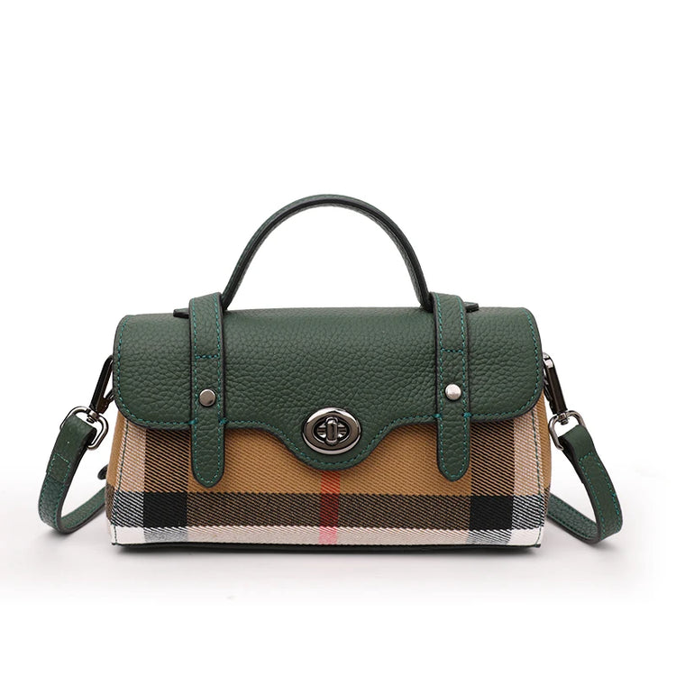 Borsa Mini Boston a Righe e Quadri in Tessuto con Finiture in Ecopelle, Chiusura a Giro e Torsione, Design con Patta, Borsa a Mano da Donna, a Tracolla, Portamonete