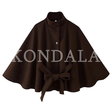 KONDALA Women Fall Casual Elegant Cloak Jacket Stand-Collar Soft Tweed Belt Jacket New 2026 Autumn Winter Trendy Cape Style Coat
