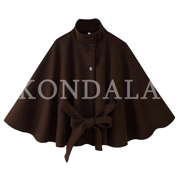 KONDALA Women Fall Casual Elegant Cloak Jacket Stand-Collar Soft Tweed Belt Jacket New 2026 Autumn Winter Trendy Cape Style Coat