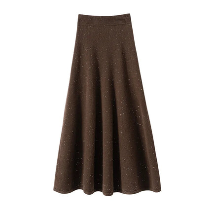 Chic Women Sweater Suite Skirt 100% Cashmere A-Line Skirt Autumn Winter Wave Skirt Elastic Knee Length Dress Sequins French Knit PlatiNum