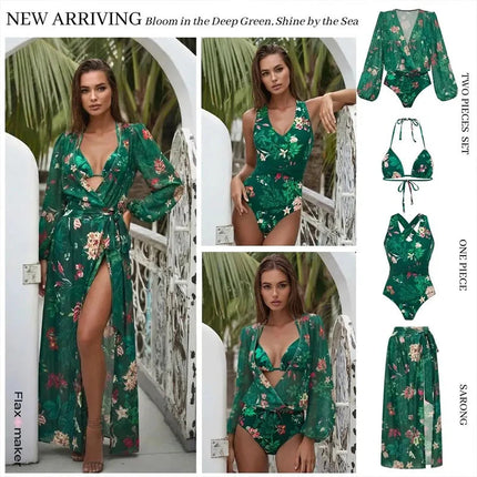 Costume da Bagno Bikini a Vita Alta da Donna, Sexy, Verde Stampato, in Rete, a Maniche Lunghe, Set Estivo di Lusso per la Spiaggia platinumshop