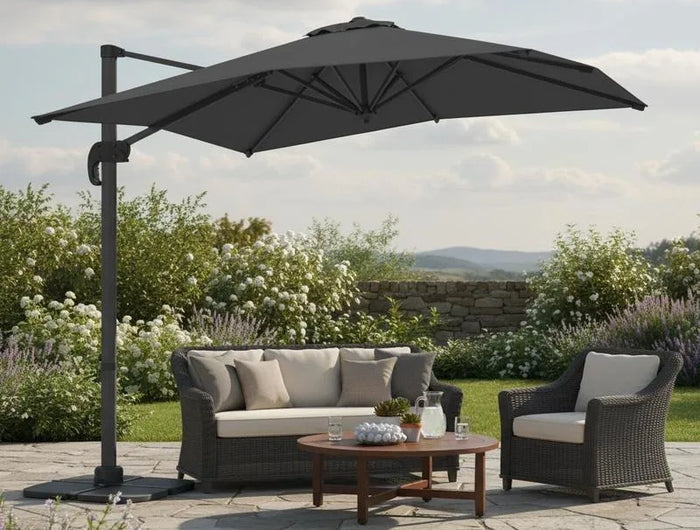 Ombrellone da Patio Quadrato a Sbalzo, 5 Angoli di Inclinazione e Rotazione a 360° °   Ombrellone da Esterno Girevole con Palo in Alluminio a 8 Stecche, Tetto Ventilato Antivento