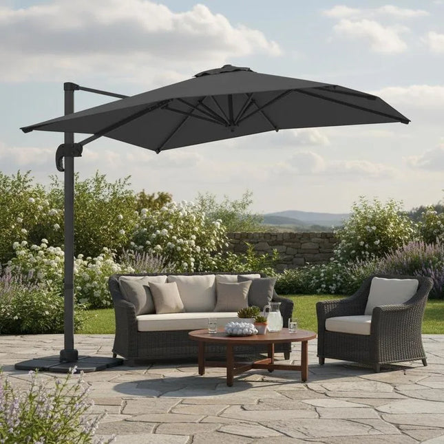 Parasol déporté carré pour patio, 5 angles d'inclinaison et rotation à 360 °   Parasol d'extérieur pivotant avec mât en aluminium à 8 baleines, toit ventilé résistant au vent