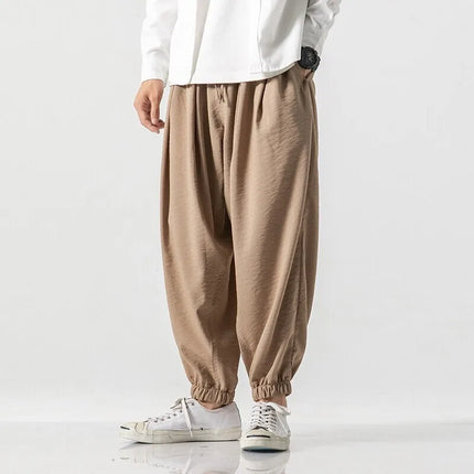 Pantaloni Harem in cotone e lino Pantaloni estivi larghi in tinta unita stile giapponese Pantaloni leggeri comodi e traspiranti casual da uomo