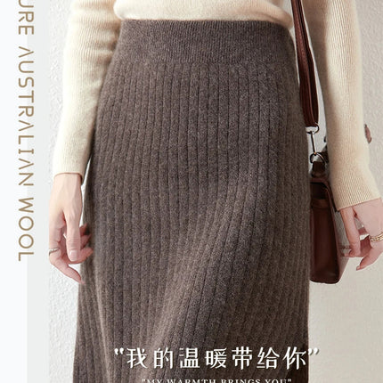 Women's Knitted Skirt 100% Merino Wool Sheath Skirt Solid Color Autumn/Winter Fashion Vertical Strip Wrap Hip Skirt Split Skirt PlatiNum