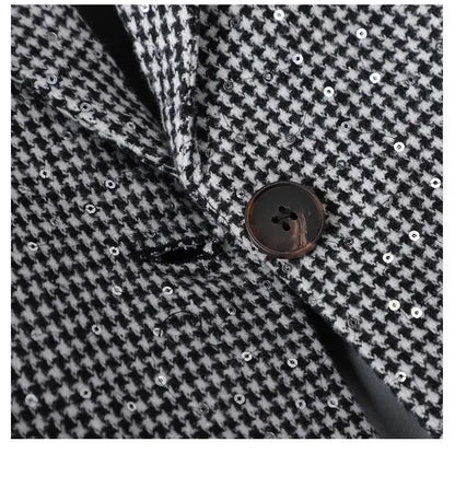 Women's Blazer Two-piece Set Spring Autumn New Fashion Glitter Vintage Suit Jacket Elegant Casual Shorts +Shiny Check Outwear Se