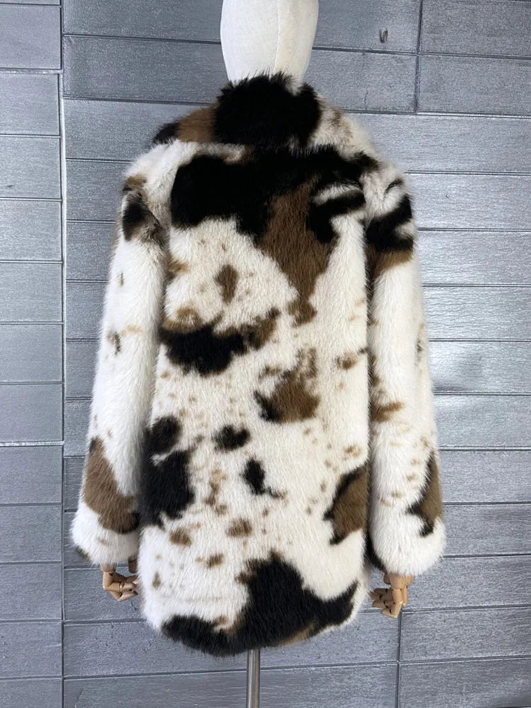ZADORIN 2026 Chic Mid Long Cow Pattern Fluffy Faux Fur Coat Woman Lapel Loose Winter Fur Coats Woman Furry Jacket Fur Faux Coat