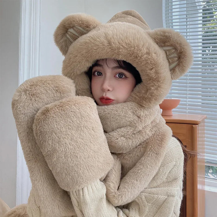 New Fashion Scarf Hat Glove Women Cute Big Ear Bunny Beanie Winter Warm Soft Thickening Pocket Warm Ear Hats Hooded Skullie Caps