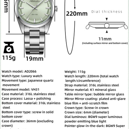 ADDIESDIVE AD2066 Men's Luxury Watch VH31 10Bar Waterproof BGW9 Super Luminous 316L Stainless Steel Reloj Hombre Quartz Watches