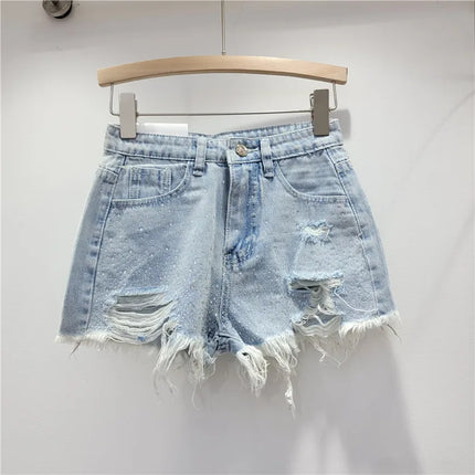 Women's Rhinestone Denim Shorts, High Waist, Stretchy, Vintage Wash, Distressed Effect, Summer 2026 Streetwear Style