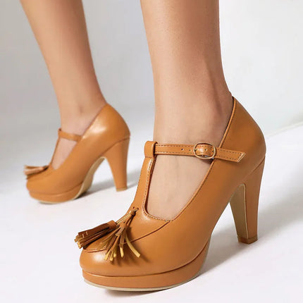 NASBAVI Fashion Female Pumps Round Toe Chunky Heels 9cm Platform 1.5cm Buckle T-Strap Tassels Plus Size 46 47 48 Sexy Shoes PlatiNum