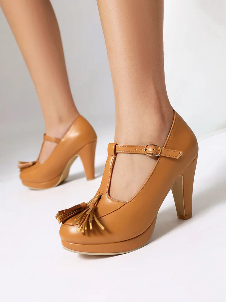 NASBAVI Fashion Female Pumps Round Toe Chunky Heels 9cm Platform 1.5cm Buckle T-Strap Tassels Plus Size 46 47 48 Sexy Shoes PlatiNum