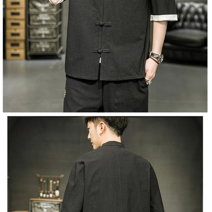 Camicia stile giapponese da uomo estiva cinese colletto rialzato Yukata Kimono Samurai Indossare T-shirt color block Hanbok Cappotto casual