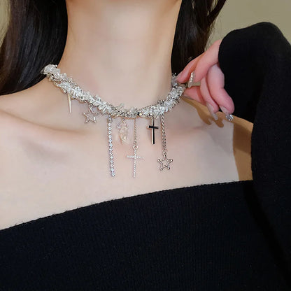 Collana con nappa zircone dal design di personalità, strass brillanti, croce a forma di cuore, collane girocollo, gioielli di moda da donna