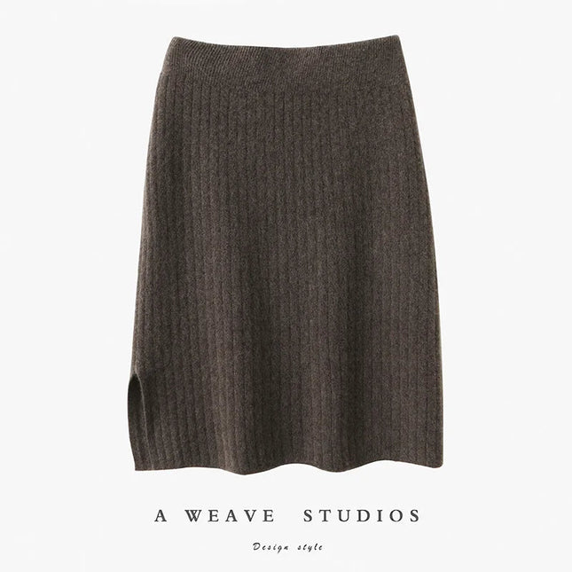 Women's Knitted Skirt 100% Merino Wool Sheath Skirt Solid Color Autumn/Winter Fashion Vertical Strip Wrap Hip Skirt Split Skirt PlatiNum