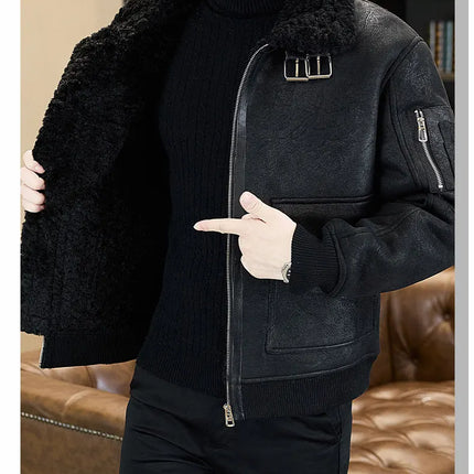 2025 Winter Fur Integrated Leather Jacket Men Thick Velvet Imitation Fur Leather Coat Loose Motorcycle Coat Casual Streetwear