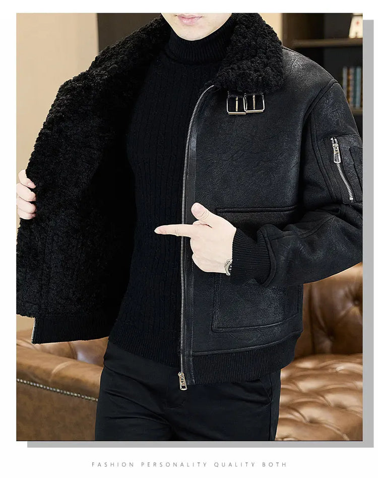 2025 Winter Fur Integrated Leather Jacket Men Thick Velvet Imitation Fur Leather Coat Loose Motorcycle Coat Casual Streetwear