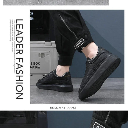 2026 Men's Casual Shoes Spring and Autumn Flat-soled Casual Leather Shoes Sports Shoes Black and White Men's Thick-soled Shoes