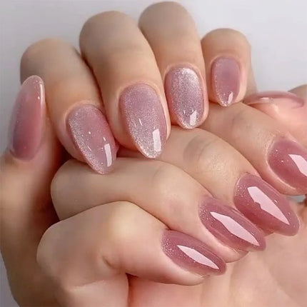 24Pcs Medium Almond Nude‑Pink 3D Textured Metallic Cat‑Eye French Sheer Press‑On False Nails For Nail Art Decor