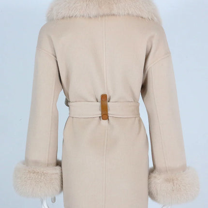 OFTBUY Real Fur Coat Winter Jacket Women Natural Fox Fur Collar Cuffs Belt Cashmere Wool Woolen Ladies Outerwear Streetwear