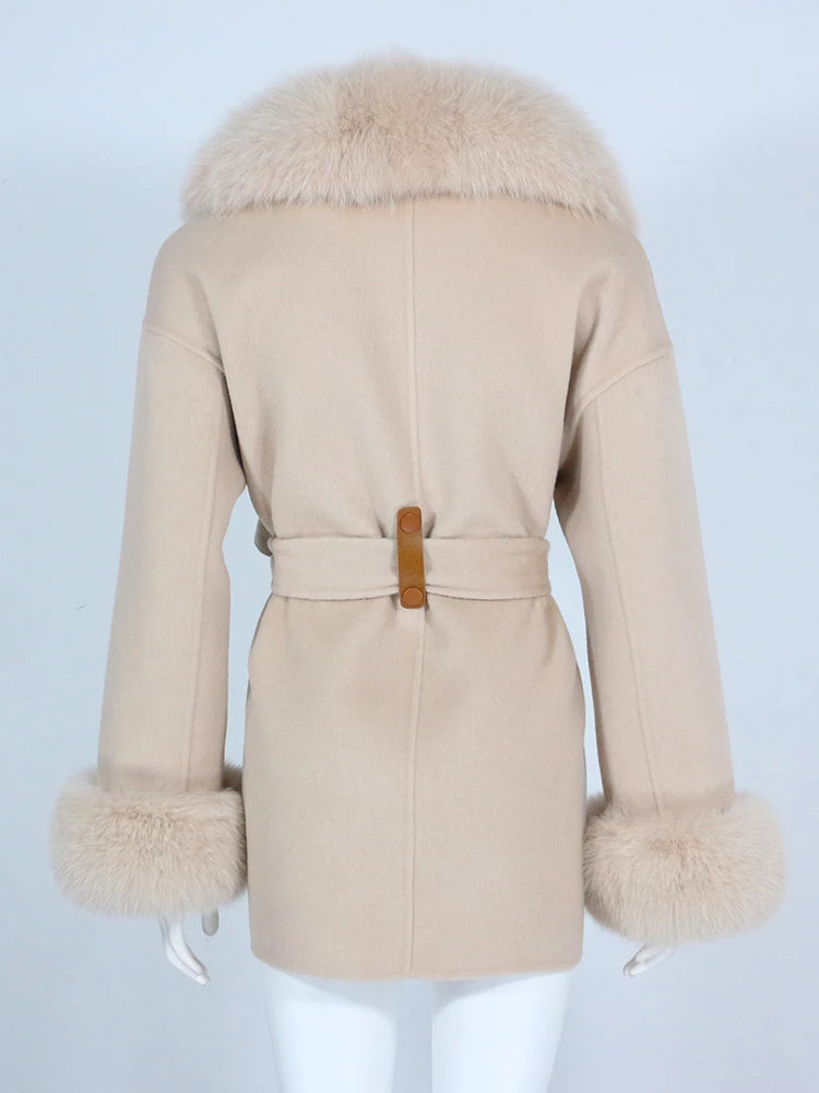 OFTBUY Real Fur Coat Winter Jacket Women Natural Fox Fur Collar Cuffs Belt Cashmere Wool Woolen Ladies Outerwear Streetwear