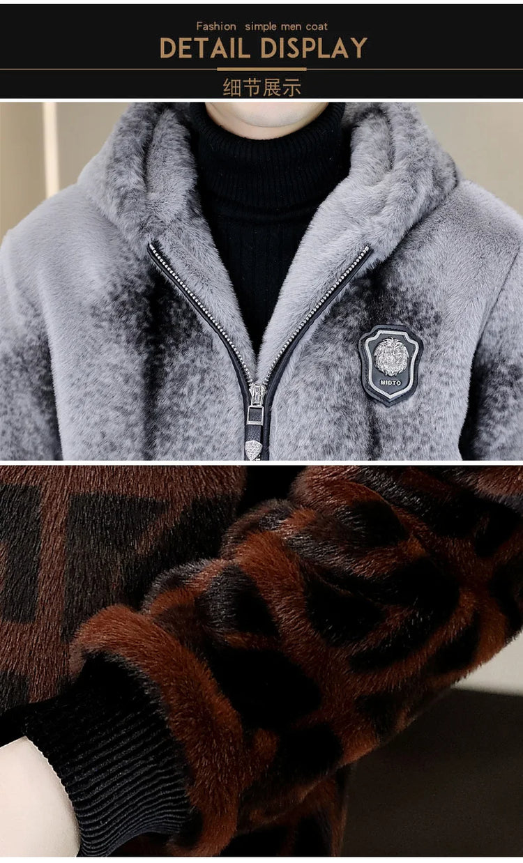 Autumn Winter Faux Fur Hooded Jacket Men Fashion Social Faux Mink Fur Casual Business Jacket Thick Warm Outdoor Windproof Coat
