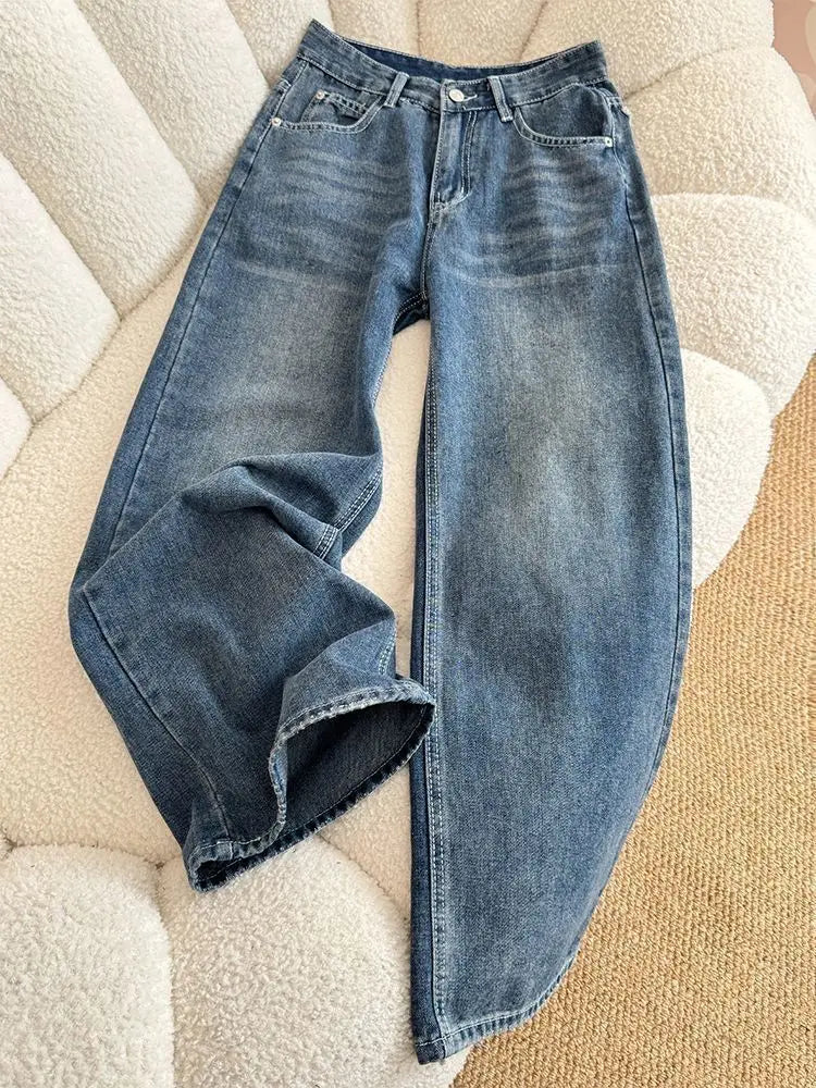 Jeans in denim a vita alta a gamba larga stile street americano con ricamo a stella, nuovo design da donna, pantaloni lunghi dritti e larghi