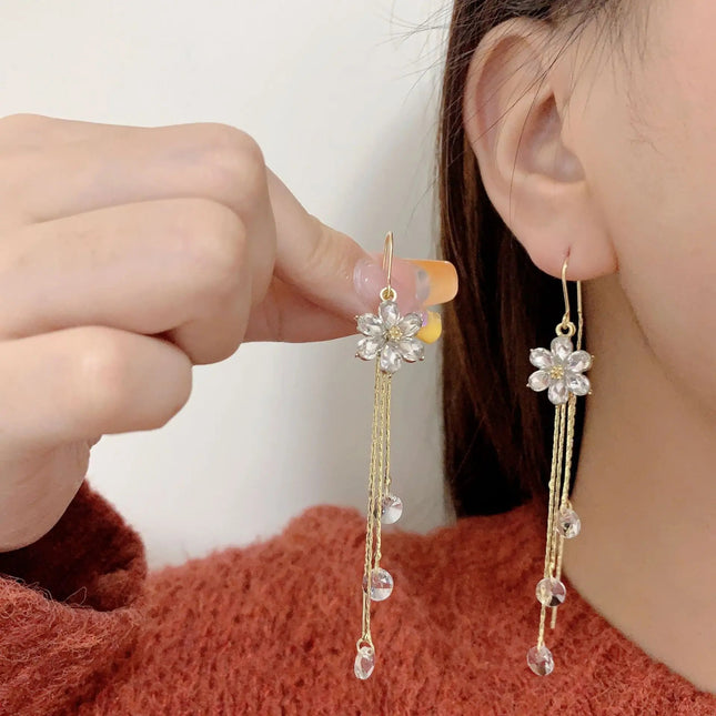 Green Shiny Zircon Flower Drop Earrings For Women Luxury Crystal Long Tassel Ear Line Hanging Earring Girls Wedding Jewelry Gift PlatiNum