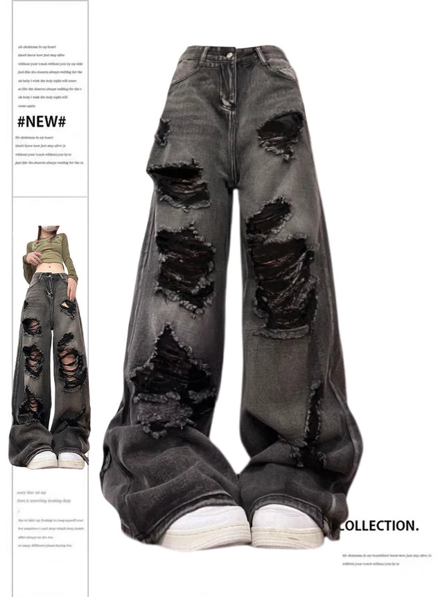 Women's Ripped Jeans Baggy Vintage Aesthetic Streetwear Cowboy Pants Harajuku Oversized Denim Trousers Y2k 2000s Trashy Clothes